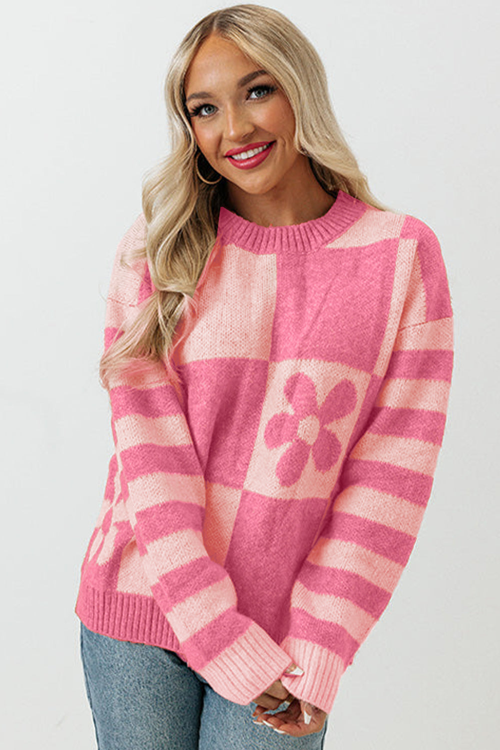 Pink Checkered and Striped Knitted Pullover Sweater