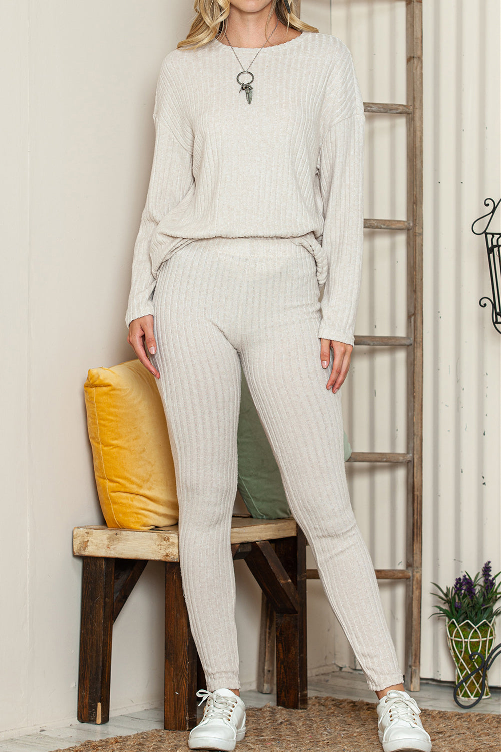 Apricot Ribbed Knit Loose Long Sleeve Top Skinny Pants Set