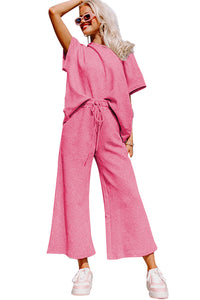 Strawberry Pink Textured Loose Fit T Shirt & Drawstring Pants Set