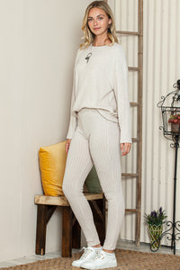 Apricot Ribbed Knit Loose Long Sleeve Top Skinny Pants Set