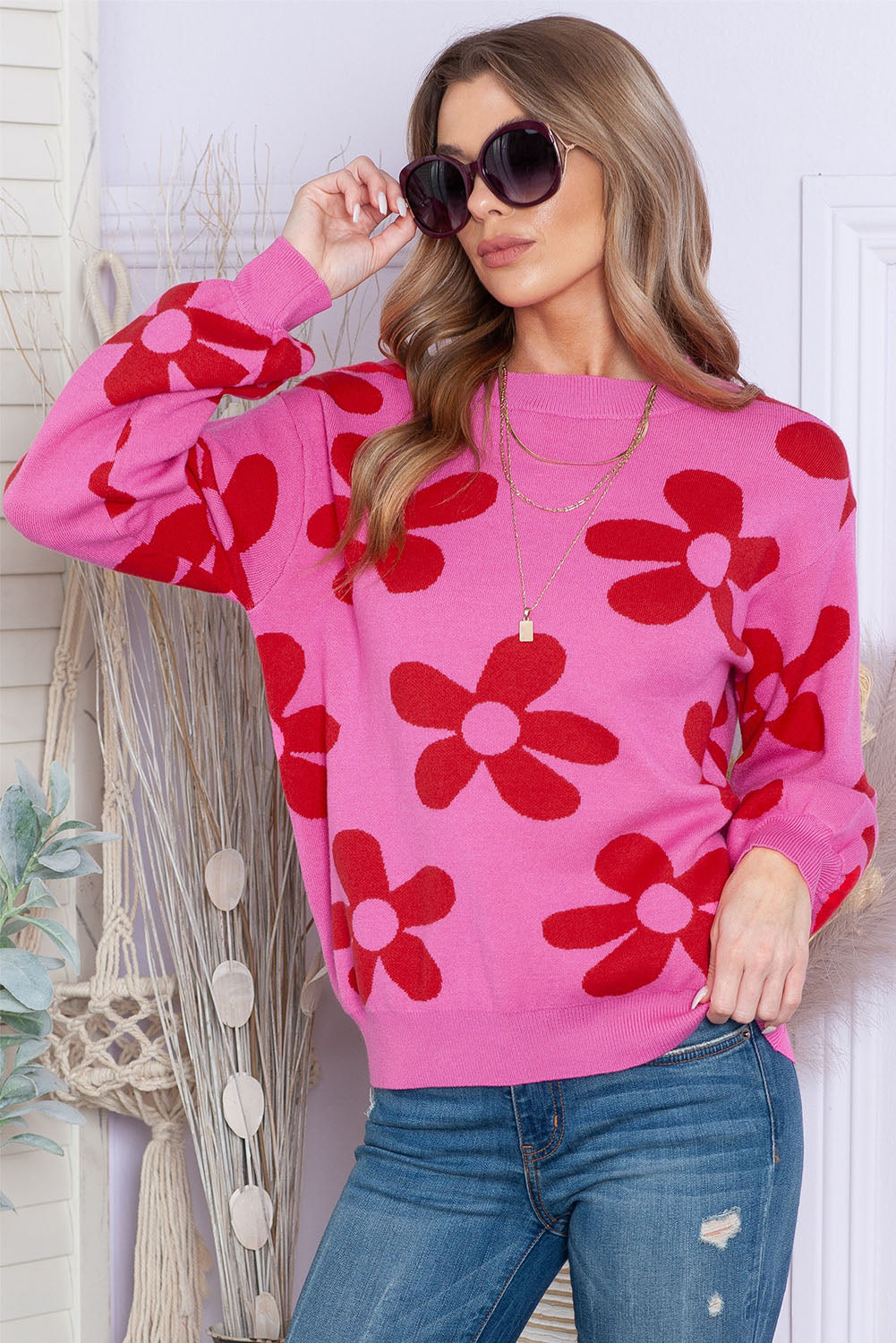 Cypress Floral Print Knitted Long Sleeve Pullover Sweater